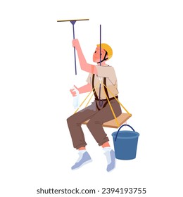 Worker of cleaning service hanging at height to clean window of building vector illustration. Cartoon isolated man working with squeegee on platform with safe seat belts to wash away soap and water