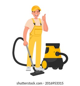 Reinigungsarbeiter Ein Mann in einer Uniform mit einem Staubsauger gekleidet. Vektorgrafik im Flachstil