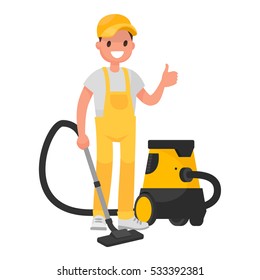 Worker of  cleaning service. A man dressed in a uniform with a vacuum cleaner. Vector illustration in a flat style