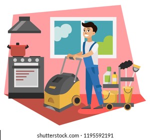 Worker of cleaning service with washing machine