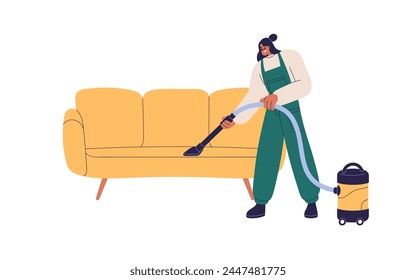 Trabajador limpiando sofá con aspiradora. Limpieza de tapicería de muebles. Mujer de servicio doméstico profesional, trabajando con sofá. Ilustración vectorial gráfica plana aislada sobre fondo blanco