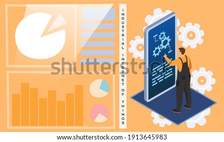 Worker clicks gears on smartphone screen in modern application with network settings. Industrial internet of things. New business ideas by using contemporary digital technology 4ir revolution, AI, IoT