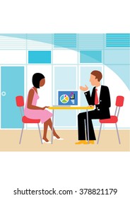 Worker and client meeting. Icon illustration. Meeting. Bank consultation. Manager and client. Consultant and client. Vector illustration. Business meeting. Manager meeting.