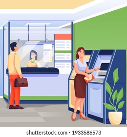 Worker and clients in bank office scene. Financial services, business department workplace vector illustration. Woman taking money from ATM, man at counter with cashier employee.