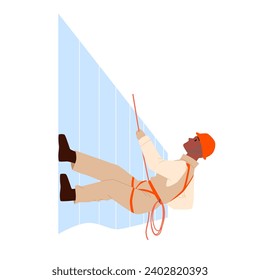 Worker climbing building wall vector illustration. Cartoon isolated alpinist holding rope to climb up facade and work, hanging high with security belt and helmet, mountaineering professional equipment