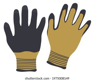 Ropa de trabajo para tareas laborales al aire libre, guantes aislados que protegen manos, palmas y dedos de la suciedad. Ropa de jardinería, ropa profesional para la industria. Vector en ilustración de estilo plano