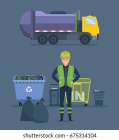 Worker collect garbage in a garbage recycling truck to take him out of the city. Cleaning city. Household waste, recycling of industrial waste. Vector Illustration isolated in cartoon style.