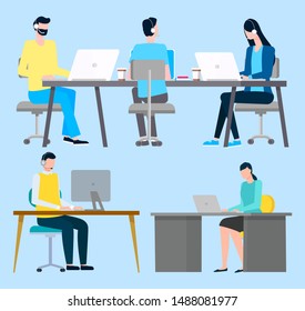 Worker communication with laptop, man and woman sitting at desktop with coffee. International corporate business with employee teamwork. Vector technology illustration in flat cartoon style
