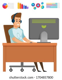 Worker communication with pc, graph with percent, work or hobby. Portrait view of sitting male in headset working with computer, statistic report vector