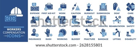 Worker Compensation icon collection set. Containing expense, first and kit, work, caution, burnout, submission, deaf and more. Solid vector icons collection