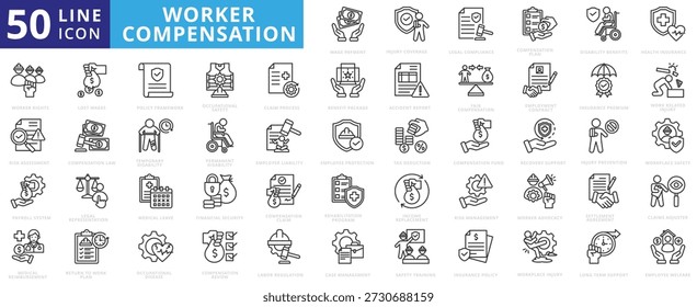 worker compensation icon pack outline contains workplace injury, long term support, employee welfare, rehabilitation program, disability benefits, occupational safety, medical reimbursement