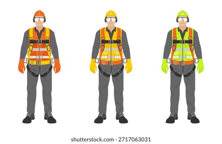 Trabajador con equipo de seguridad completo, arnés guantes gafas hardhat chaleco y botas de seguridad, Ilustración vectorial aislada sobre fondo blanco.