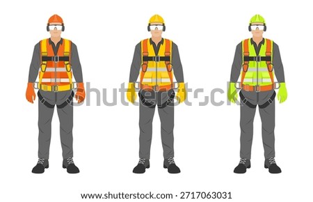 worker with complete safety equipment, harness gloves glasses hardhat vest and safety boots, vector illustration isolated on white background.