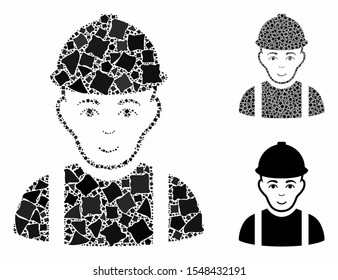 Worker composition of irregular items in variable sizes and color tints, based on worker icon. Vector joggly items are composed into collage. Worker icons collage with dotted pattern.