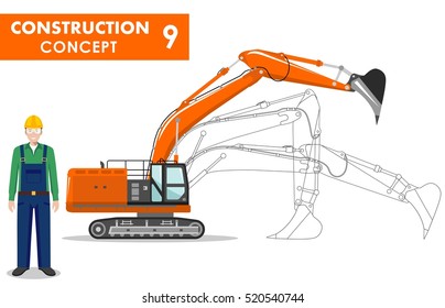 Worker concept. Detailed illustration of excavator, worker, miner in flat style on white background. Heavy construction and mining machine. Vector illustration.
