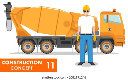 Worker concept. Detailed illustration of workman, builder, driver and concrete mixer in flat style on white background. Heavy construction machine and equipment. Vector illustration.