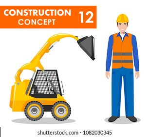 Worker concept. Detailed illustration of workman, builder, driver and skid steer loader in flat style on white background. Heavy construction machine and equipment. Vector illustration.