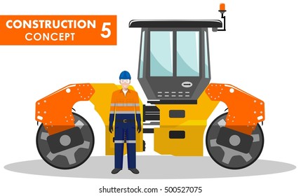 Worker concept. Detailed illustration of workman and compactor in flat style on white background. Heavy construction machine. Vector illustration.