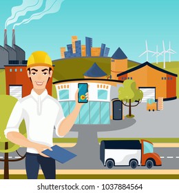 Worker and the concept of the factory. Vector Image