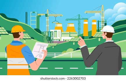 Worker construction and businessman check factory solar panel site check by field supervisor and manager vector illustration