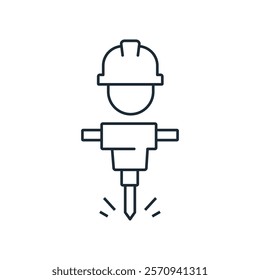 Worker with construction equipment. Repair and construction, restoration work.Service maintenance. Vector linear icon isolated on white background.