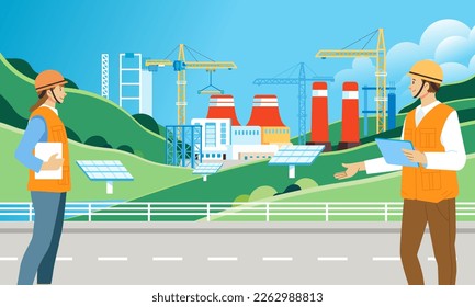 Worker construction factory solar panel site check by field supervisor and manager vector illustration