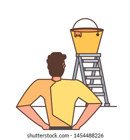 worker construction man with stair and bucket of paint