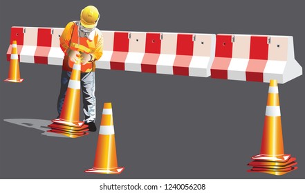 Worker construction service industrial is to keeping clearing of the funnel traffic on the street, Cartoon vector character art illustration, Isolate on gray color has clipping path.
