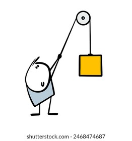 A worker at a construction site lifts loads.  Simple mechanism helps. Vector illustration of a stickman pulling a rope. Physics lesson at school. Gravity. Isolated character on white background.