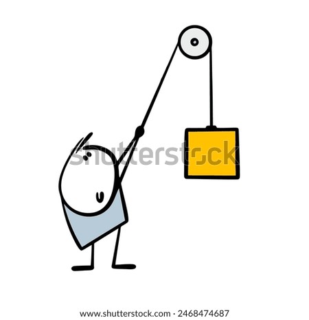 A worker at a construction site lifts loads.  Simple mechanism helps. Vector illustration of a stickman pulling a rope. Physics lesson at school. Gravity. Isolated character on white background.