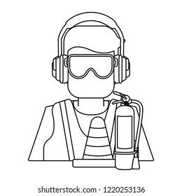 Worker with construction tools black and white