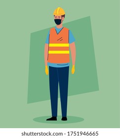 Worker Construction Using Face Mask During Covid 19 Vector Illustration Design