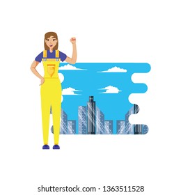 worker construction woman with cityscape