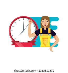 worker construction woman with clock time