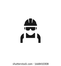 Worker, construction workman wearing protective glasses and helmet. Black isolated vector icon.