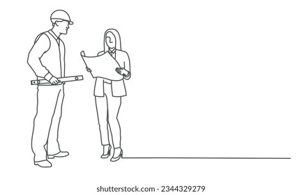 Worker contractor, builder communicate with build industry leader. Hand drawn vector illustration. Black and white.