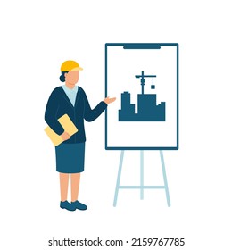 Worker contractor, builder presentation plan build on stand board. Build industry architect woman in helmet show new project house. Construction building worker, engineer. Vector