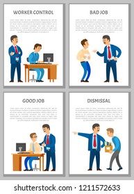 Worker control, bad and good job, dismissal of worker posters set. Boss leader director checking process and controlling every step, praising and screaming
