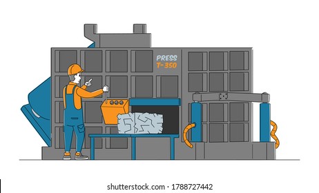 Worker Control Machine Pressing Old Used Scrap Metal. Character Get Pressed Cubes of Reused Junk for Making Metallic Products. Recycling and Reusing Iron Rubbish Process. Linear Vector Illustration