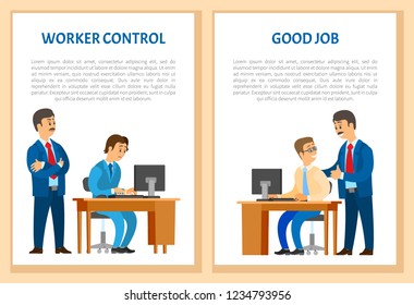 Worker control, praise for good job. Boss company leader supervising new office worker vector. Director pleased with work of employee, encouraging him