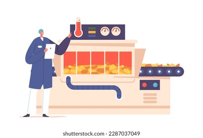 Worker Control Process Of Potato Chips Baking On Factory. Potatoes Are Sliced, Washed, And Fried In Hot Oil