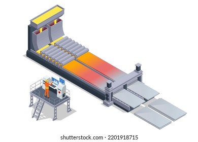 Worker controlling metal melting in furnaces. Isometric industrial steel production and metallurgy. Hot steel pouring in steel plant. Continuous casting machine. Production of steel billets.