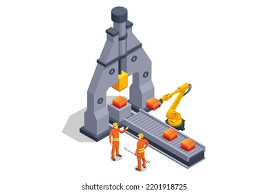 Worker Controlling Metal Melting In Furnaces. Isometric Industrial Steel Production And Metallurgy. Hot Steel Pouring In Steel Plant