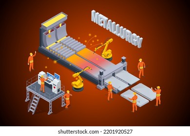 Worker controlling metal melting in furnaces. Isometric industrial steel production and metallurgy. Hot steel pouring in steel plant Continuous casting machine. Production of steel billets.