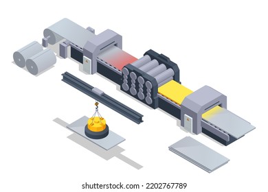 Worker controlling metal melting in furnaces. Isometric industrial steel production and metallurgy. Hot steel pouring in steel plant