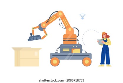 Worker controls robotic loader in smart factory or warehouse, flat vector illustration isolated on white background. Robotic technologies in industry and logistics.