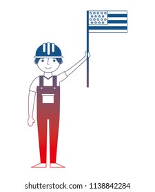 worker contruction holding american flag labor day