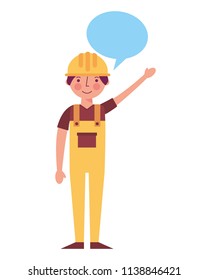 worker contruction in yellow overalls speech bubble