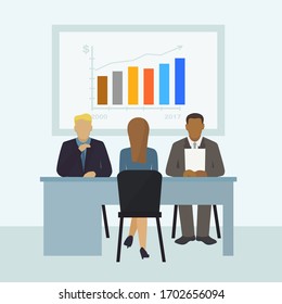 Worker conversation, character female, male on office get job, flat vector illustration. Finance company find new employee, infographic, business company job interview professional staff member.