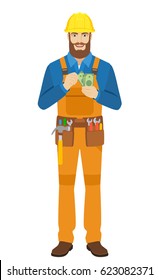 Worker counts cash money. Full length portrait of worker character in a flat style. Vector illustration.